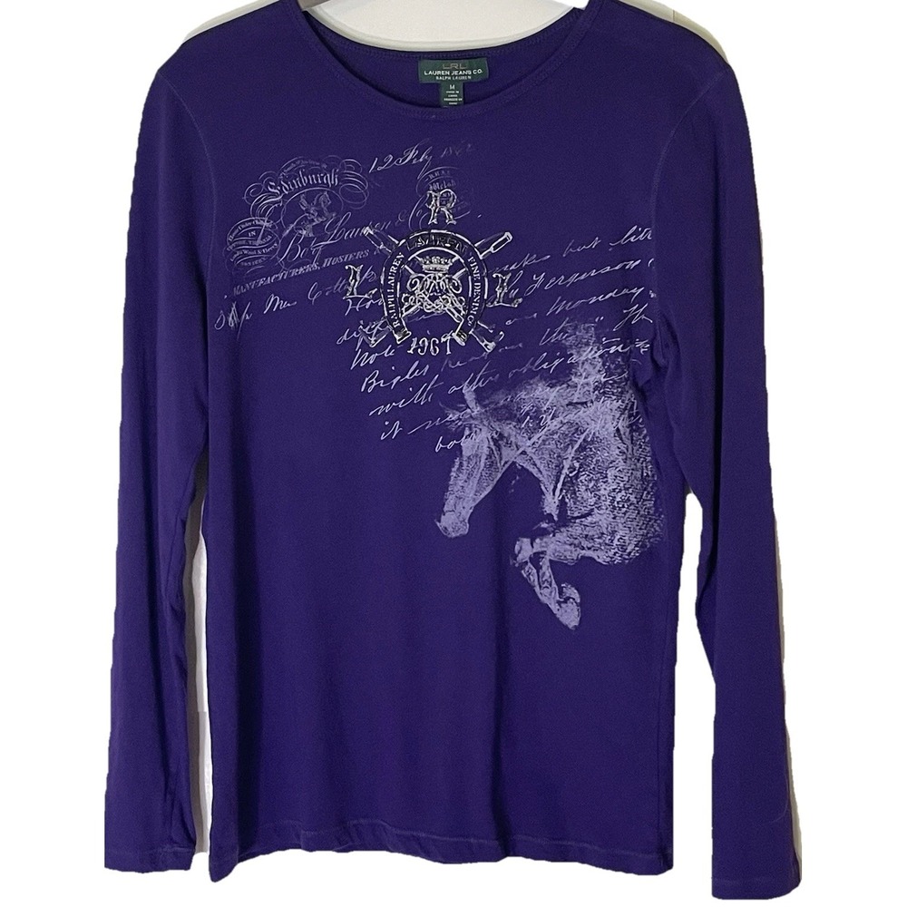 LRL Lauren Jeans Co Purple Beaded Logo Horse Pullover Top Women's M
